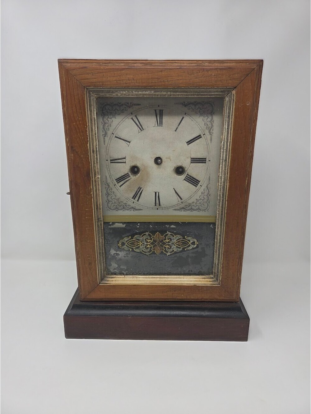 Antique Wooden Mantel Clock Roman Numeral Dial Key Wind Pendulum Parts